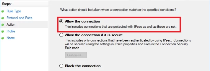 6. Следующий шаг — выбор профилей брандмауэра, на которые будет распространяться правило (все имеющиеся профили по умолчанию). Опять нажимается кнопка Next («Далее»).