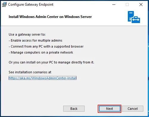 На странице конфигурирования шлюза содержатся два параметра — Allow Windows Admin Center to modify this machine`s trusted hosts settings — ставим галку, если серверы, которые будут подключаться к центру администрирования, не входят в домен Active Directory; Use WinRM over HTTPS only — ставим галку в том случае, если подключения от центра администрирования к другим серверам будут проходить через публичные сети (интернет). Если мы планируем управлять только локальным сервером, на котором установлен Windows Admin Center, можно оставить настройки по умолчанию и нажать Next:
