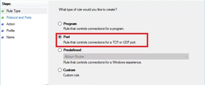4. После этого вводится значение Specific local ports (номер открываемого порта) и выбирается протокол, для которого предусмотрено применение правила (в данном случае - протокол TCP). Затем снова нажимается кнопка Next («Далее»).