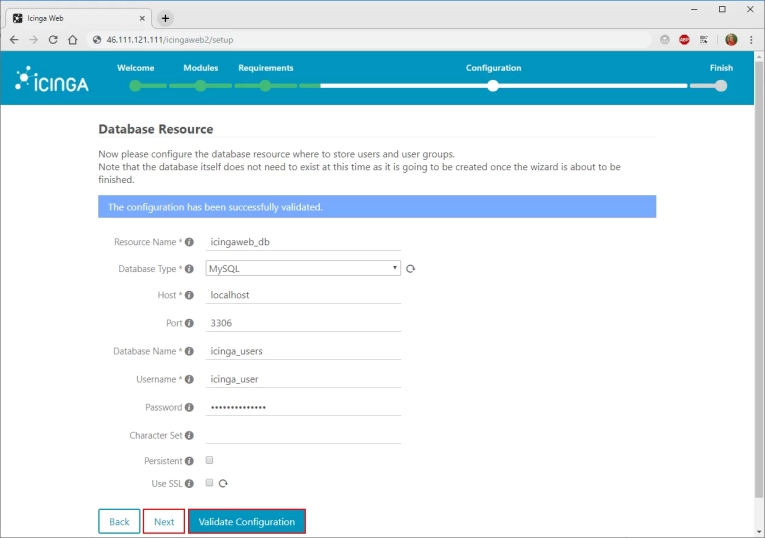 Определите имя для базы данных аутентификации и нажмите Next: