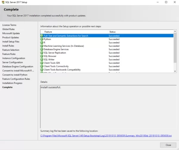 На этом установка SQL Server 2017 Express завершена.