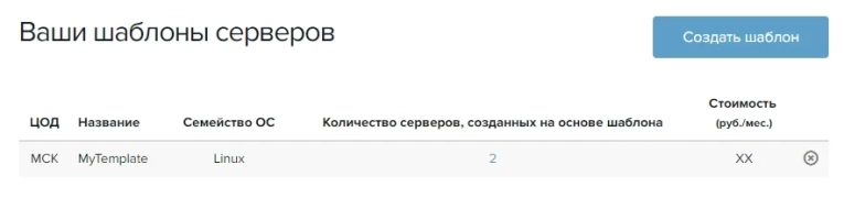 При создании сервера созданный шаблон можно выбрать в списке Ваши шаблоны.