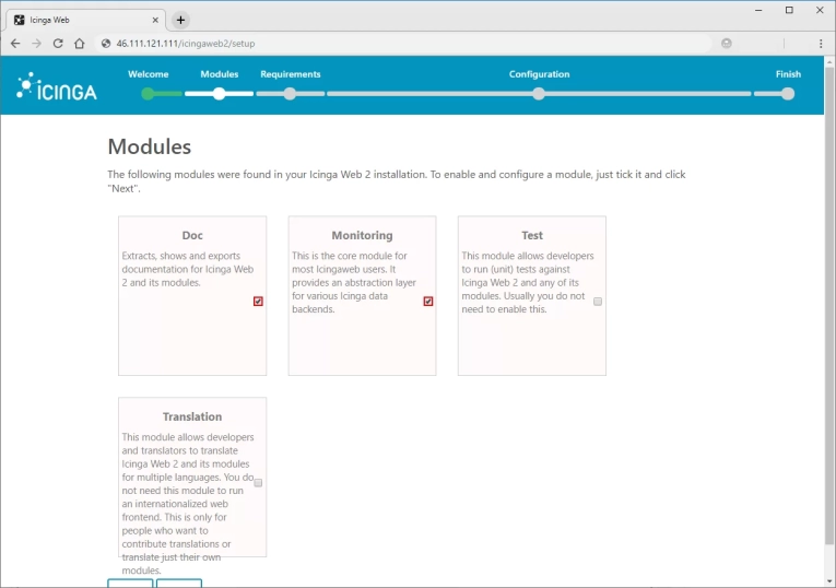 Icinga 2 проверит ваши системные требования и модули PHP, чтобы убедиться, что все требования выполнены, прежде чем продолжить процесс установки и настройки. Если не хватает некоторых модулей, то их необходимо доустановить.  Прокрутите вниз до конца страницы и нажмите Далее, чтобы продолжить: