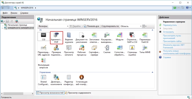 В открывшемся окне проверим phpinfo(). кликнем по соответствующей гиперссылке.