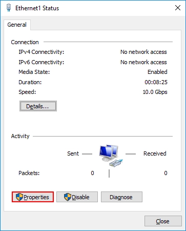 Выберете соединение IPv4 и нажмите Properties:
