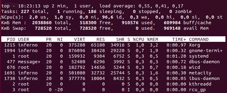 Скриншот №1. Утилита Top.